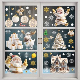Mifferer Christmas Window Stickers, 9 Sheet White Snowflakes,Christmas Tree, Santa Claus, Bear Window Clings PVC Static Stickers for Xmas Christmas Window Display Christmas Decorations