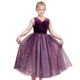 Sunny Fashion Girls Dress Purple V-Neck Backless Glitter Tulle Pageant Wedding Princess 12