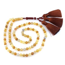 beirunde Tasbih Tesbih Islamic 99 Prayer Beads, Muslim Islam Subha Sebha Worry Beads, Misbaha Masbaha Tasbeeh Sibha Beads, Allah Mohammed Ramadan Rosary, 8mm Old Yellow Jade Beads with Tassel, Large,