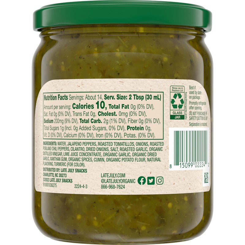 Late July Snacks Salsa Verde with Roasted Tomatillos, Medium, 15.5