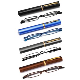 OWTXIS 4 Pack Mini Slim Pen Reading Glasses - Compact Readers with Pen Clip Case Spring Hinge Metal Frame Eyeglasses (Black, Blue, Gunmetal, Brown, +2.00)
