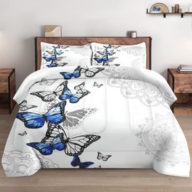 WeCozy Comforter Set Queen Size with 2 Pillowcases, Summer Spring Blue Butterfly 3 Pcs Bedding for Kids and Adults, Abstract Circular Mandala Floral Soft Comforter Set for Bedroom Bed Decor