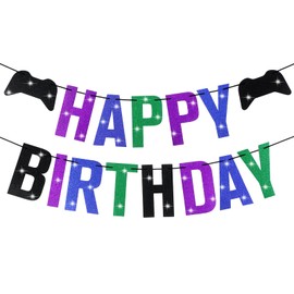 Oudain Pre Strung Video Game Party Decorations Banner, Video Game Theme Party Happy Birthday Banner for Player Parties Favors Decoration