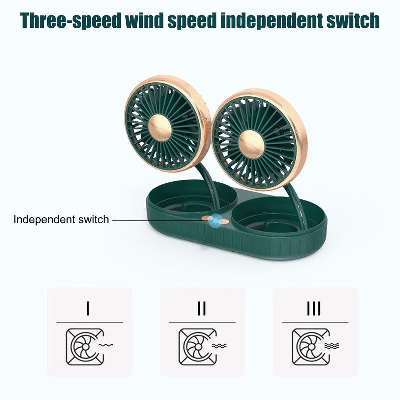 Car Fan 360° Rotatable 3 Speed DualHead USB Powered Mini