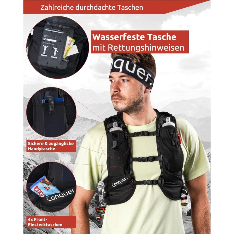 Conquer. 15L Running Vest with 2 x Flasks for Women/Men,