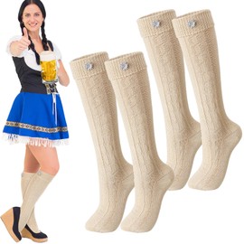 Jamntower 2 Pairs Oktoberfest Socks with Edelweiss Pin Lederhosen Knitted Calf Socks for Men Women German Traditional Bavarian Bands Costume Light Brown