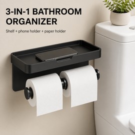 Dual Roll Toilet Paper Holder with Shelf – Black Aluminum Wall-Mount Phone Storage Rack for Bathroom, Hotel & RV