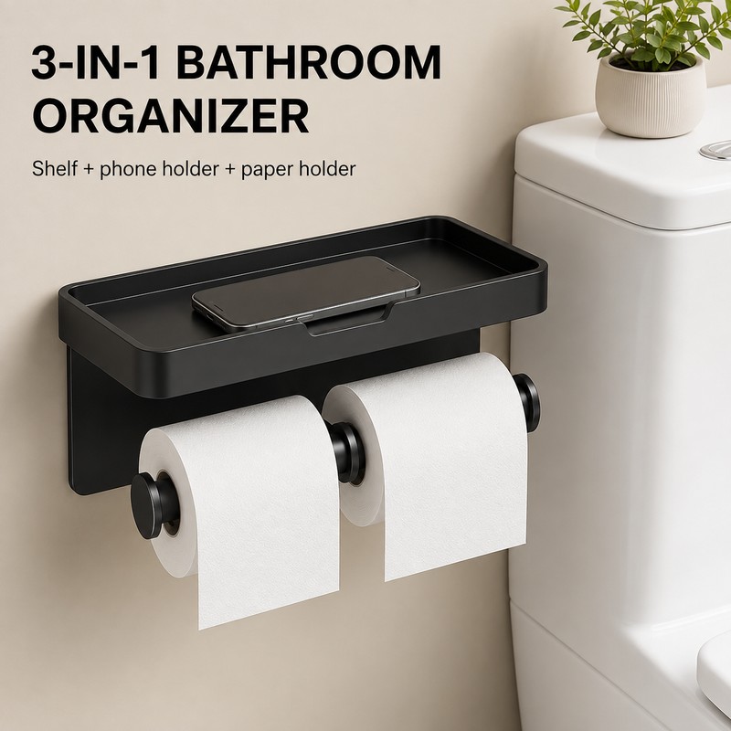 Dual Roll Toilet Paper Holder with Shelf – Black Aluminum