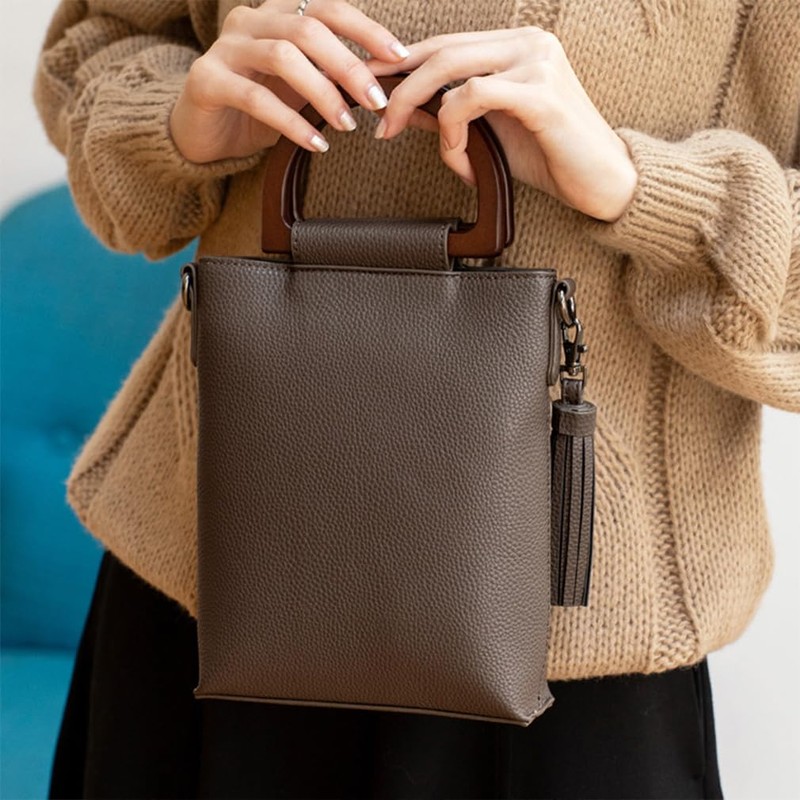 VITAFELICE Inb-90031p Women's 2-Way Pochette with Wood Handle, coffee