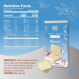 ChocZero Keto Bark, White Chocolate Almond, No Added Sugar, High Fiber, Low Carb, No Sugar Alcohols, No Artificial Sweeteners, 3.2 Ounce (Pack of 4)