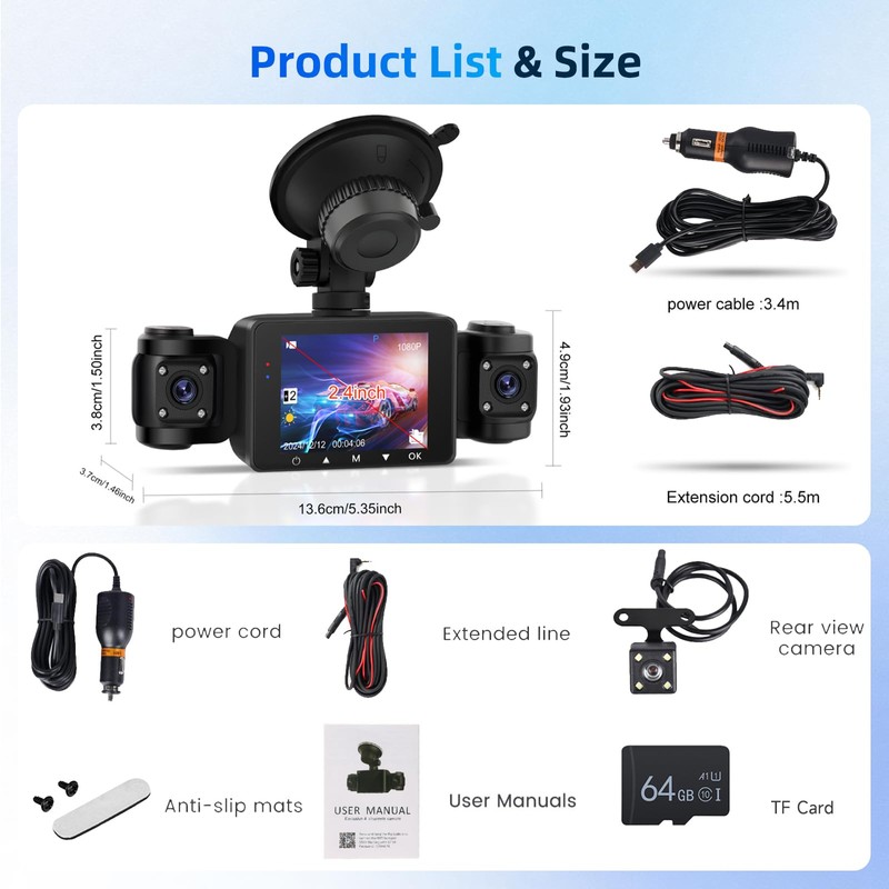 Hodozzy 4 Channel Dash Cam Car 1080P, 360° View Front