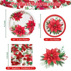Christmas Poinsettia Tableware Set, 9.2" Paper Dinner Plates, 7" Paper Dessert Plates, 6.5" Luncheon Napkins, Christmas Poinsettia Pine Cones and Red Berries Xmas Party Decoration Set, Serves 50