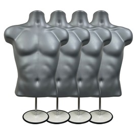 DisplayTown Gray Male Mannequin Torso with Stand Dress Form Tshirt Display Countertop Hollow Back Body with Metal Pole & Hanging Hook S-M Clothing Sizes (Set of 4)