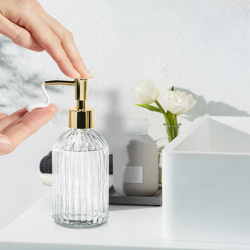 14 Oz Stripe Clear Glass Soap Dispenser with Gold Plastic