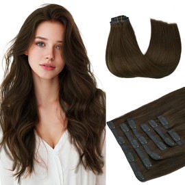 HOTBANANA Seamless Clip in Hair Extensions 14 inch 130g 7pcs Chocolate Brown Clip in Remy Human Hair Extensions Straight Hair Invisible PU Skin Weft