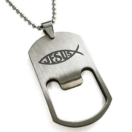 Tioneer Stainless Steel Ichthus Jesus Fish Symbol Bottle Opener Dog Tag Pendant Necklace