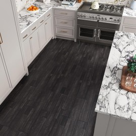 CRE8TIVE 24-Pack Dark Grey Wood Plank Vinyl Peel and Stick Floor Tile - Waterproof 6"x36" Self Adhesive Flooring for Bathroom, Kitchen, Bedroom - Temporary Wood Look