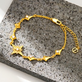 Cicy Bell Womens 18k Gold Plated Four Point Star Bracelets Cubic Zirconia Cross Station Link Bracelets Trend Jewelry Gift, 6.9"+1.9" Extender