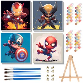 KOJEFCV 4 Pack Cartoon Paint by Numbers for Kids with Framed Canvas-with Wooden Easel, Paint by Number for Kids Ages 4-8-12, DIY Easy Acrylic Oil Painting Kits for Home Wall Decor (8X8inch)