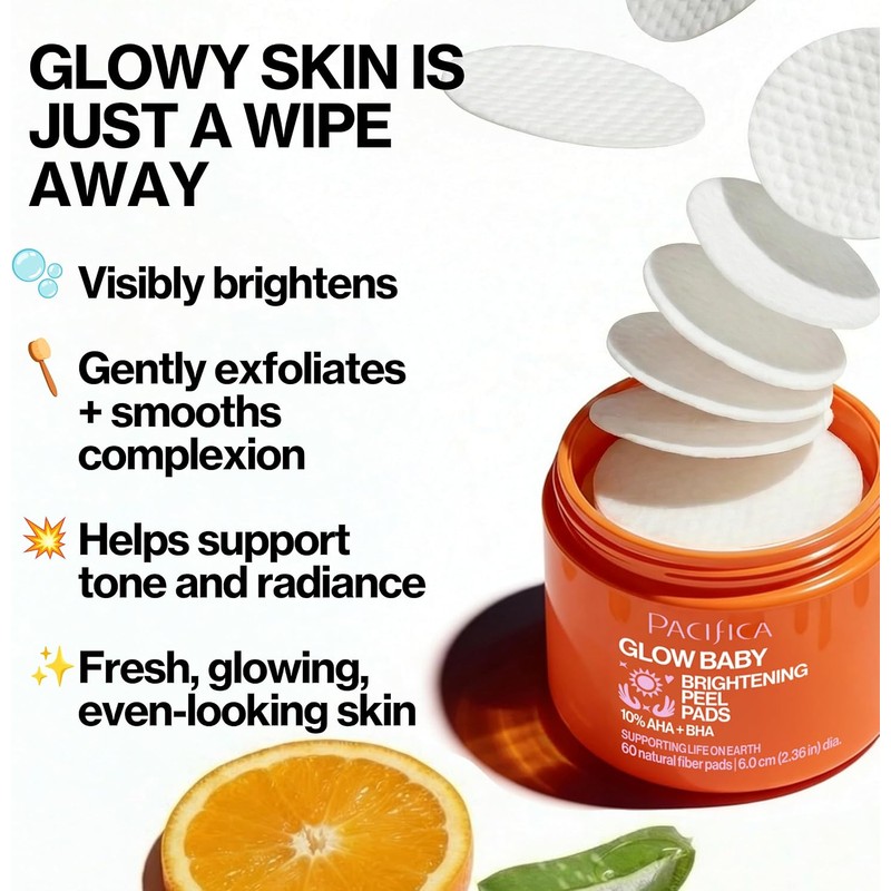 Pacifica Glow Baby 10% AHA/BHA almohadillas de pelar iluminadoras, blanco,