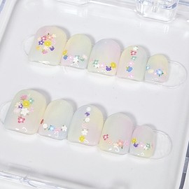 Pastel Flower Handmade Nail Tips - Long Coffin / 파스텔 플라워 수제네일팁 - 롱 코핀