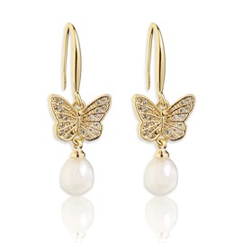 Sonateomber White Pearl Rhinestones Butterfly Gold Drop Dangle Earrings for Women – Pretty Fine Fish hook Faux Diamond Jewelry Gifts