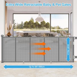 EZIGO Upgrade 120 inch Retractable Baby Gates, EZIGO Extra Wide Baby Gate for Large Openings Extra Long Babys Gates for Kids or Dog Gate Child Safety Gate for Stairs Hallways Doorway Indoor Outdoor, Gray
