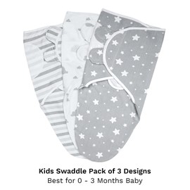 ikads Baby Swaddle Blanket 0-3 Months - 100% Breathable Organic Cotton Fabric - Baby Swaddle Wrap for New Born - Pack of 3 Baby Swaddles for Newborn with Hooks & Loop (Grey)