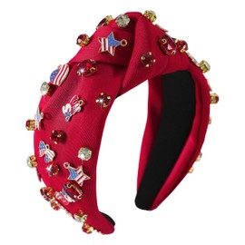 Gmmidea 4th of July American Flag Headband for Women Red White Blue Jeweled Knotted Headband Wide Twisted Star USA Flag Patriotic Headband Fourth of July Hair Accessories Gift(Red-B)
