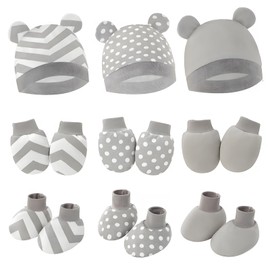 Cotton Baby Mittens Hats Socks - Anti Scratch Baby Girl Boys Mittens 15 Pack Hands Gloves Infant Caps Socks for 0-6 Months (AU, Age, 0 Months, 6 Months, Gray)