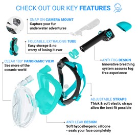 cozia design Snorkel Set Adult - Full Face Snorkel Mask and Adjustable Swim Fins, 180° Panoramic View Scuba Mask, Anti Fog and Anti Leak Snorkeling Gear, Extra Propulsion Flippers