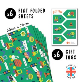 Wrapping Paper Boys - 6 Sheets Of Birthday Gift Wrap For Kids - Truck Tractor Digger - Construction Vehicle - Green Wrapping Paper - Comes With Stickers - Recyclable - By Central 23