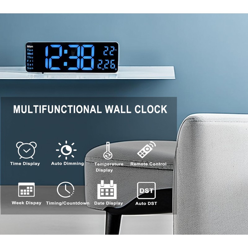 Digital Clock, 13" Large Display LED Wall Clock for Living