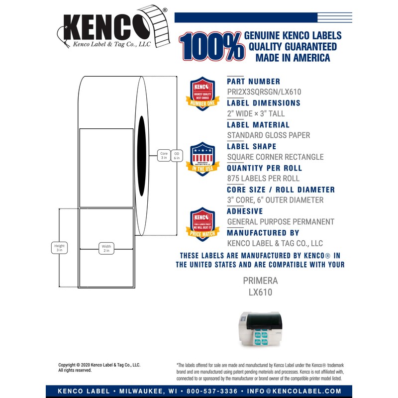 Kenco Premium 2" X 3" Standard Gloss Paper Roll-Fed Inkjet
