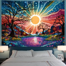 Tree of Life Tapestry Trippy Sun Forest Tapestries Colorful Starry Sky Tapestries Hippie Nature Landscape Tapestry Wall Hanging for Bedroom