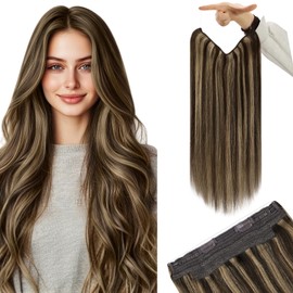 YoungSee Invisible Wire Extensions Human Hair Highlight Wire Real Hair Extensions Highlight Dark Brown with Blonde Fish Wire Hair Extensions for Women 20inch 100g