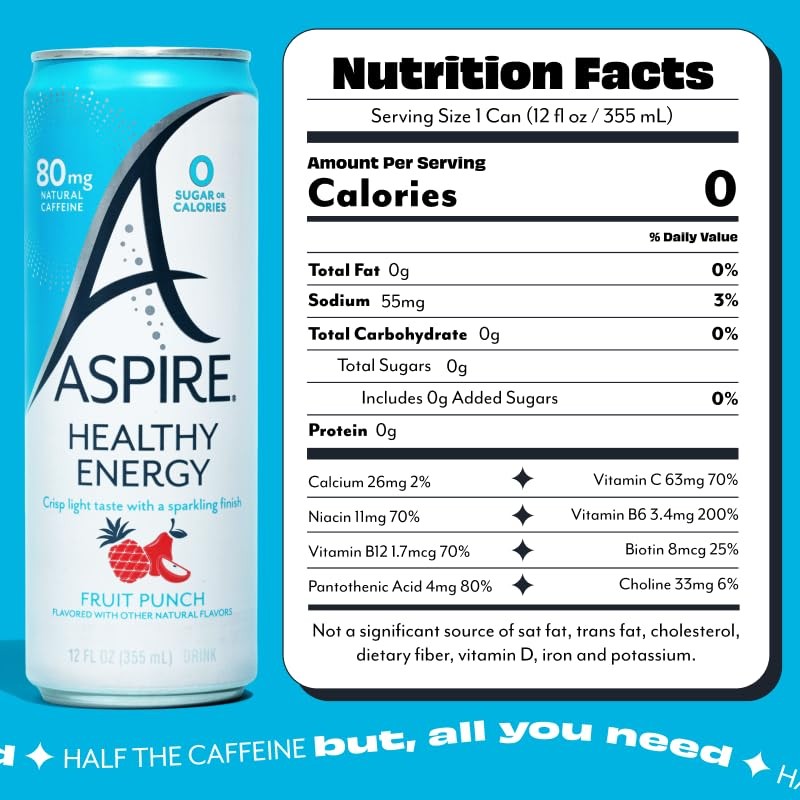 ASPIRE® Fruit Punch, Healthy Energy Drink 80mg Natural Caffeine, Zero