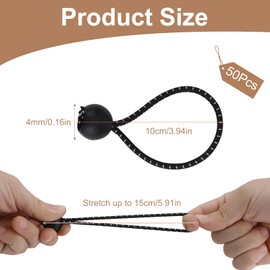 50Pcs Bungee Cord with Balls, LIUCONGBD 4 inch Black Tarpaulin Elastic Cord, Heavy Duty Bungees Strap Ties for Banner, Camping Tents, Telescopic Flag Poles and Tie-Down