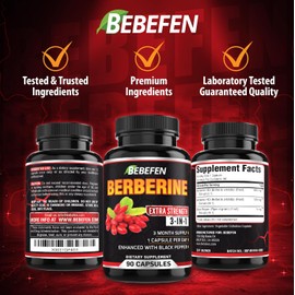 BEBEFEN Berberine Capsules with Black Pepper Extract - 90 Capsules - 3 Month Supply