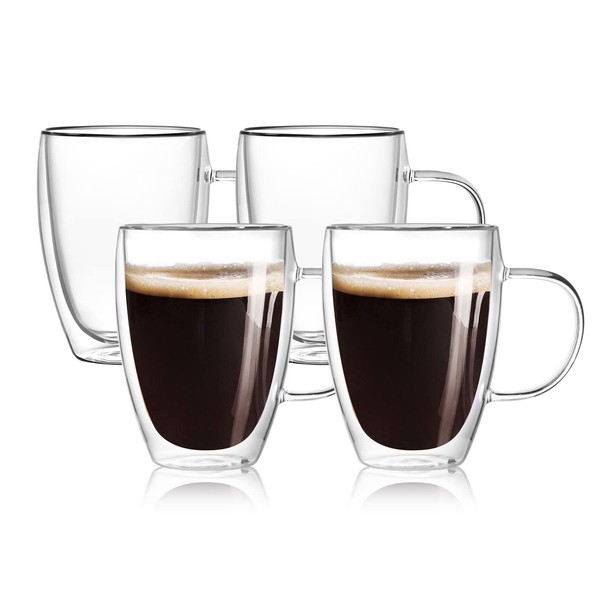4-Pack 12 Oz Double Walled Glass Coffee Mugs with Handle,Insulated Layer Coffee Cups,Clear Borosilicate Glass Mugs,Perfect for Cappuccino,Tea,Latte,Espresso,Hot Beverage,Wine,Microwave Safe