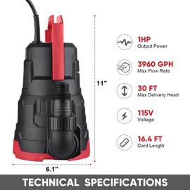 Tenzzola Sump Pump, 1 HP 3960GPH Submersible Utility Water Pump, Thermoplastic Portable Electric Water Removal Transfer Pump with 16.4FT Cord for Swimming Pool Basement Garden Pond Tubs Draining