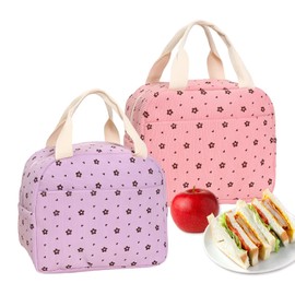 AMONENZ Pack of 2 Lunch Box Bag, Pink and Purple Lunch Cooler Bag, Corduroy and Aluminium Foil Insulated Lunch Bag, with Outer Side Pockets, Suitable for Work, Family, Picnic