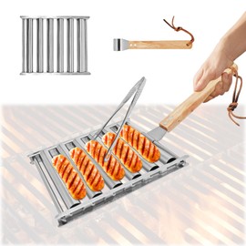 Hot Dog Roller for Grill, Stainless Steel BBQ Sausage Roller Rack with Extra Long Wood Handle, Portable Barbecue Essentials Tools with Clip, Durable Hot Dog Griller for Camping (6.5x5.51x1.38 Inch)