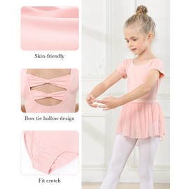 JiAmy Girls Ballet Leotards, Short Sleeved Ballet Dress with Removable Dance Skirt, Kid Children Toddler Ballerina Costume Hollow Back Dance Dress Dancewear for 3-11 Years Pink