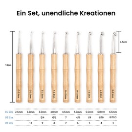 Ruidi Crochet Hook Set, 9 Sizes (2.5-6.5 mm) Aluminium Crochet Set for Beginners & Adults, Ergonomic Bamboo Handles Crochet Hook for Arthritis, Complete Crochet Accessories with Bag & Tool