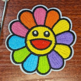 Happy Face Rainbow Flower Patch Colorful Cute Embroidered Iron On Patch 2.75"