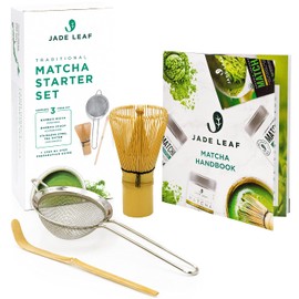 Jade Leaf Matcha - Traditional Starter Set - Japanese Matcha Gift Set Includes: Bamboo Whisk (Chasen), Scoop (Chashaku), Stainless Steel Sifter, Fully Printed Handbook