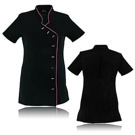 Beauty Tunic Hairdresser SPA Nail Salon Beautician Therapist Massaging Uniform Work Wear Cloths (Black/Hot pink, 18)