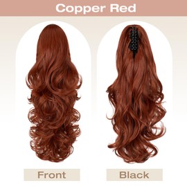 Felendy Ponytail Extension, 18" Claw Clip in Ponytail Extensions Curly Wavy Ponytail Hair Extension Jaw Clip on Long Pony Tails Hairpiece for Women Synthetic Copper Red