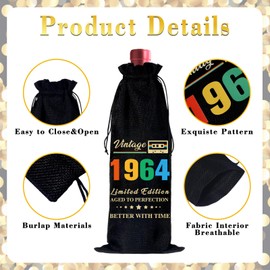Megitzuu Burlap Wine Bag for 60th Birthday, Happy 60th Birthday Party Wine Bottle Gift Bag Black Wine Bottle Bags (1964)